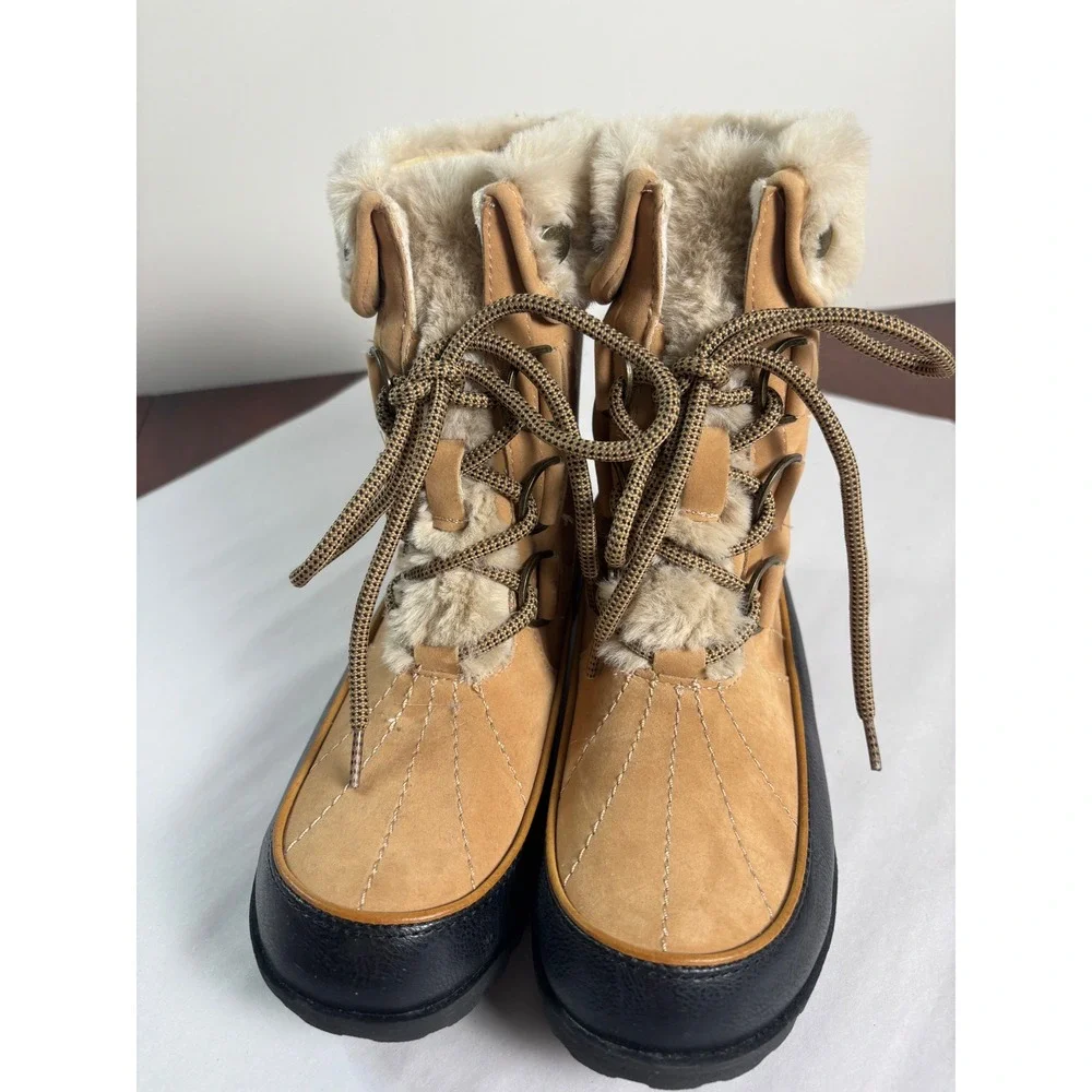 JBU‎ Womens Southgate Winter Duck Boots 7M Tan Black Faux Fur Lined Lace Up